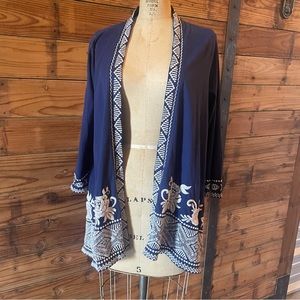 Johnny Was- SZ S Draped Embroidered Blue and White Cardigan